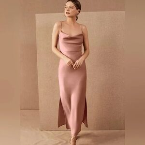 BHLDN Cali Satin Midi Slip Dress Cowl Neck Dusty Rose